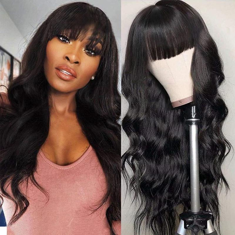 Enchantress Ella long black body wave wig with full bangs